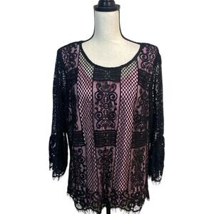 Nicole Miller for Mary Kay Black Lace Over Pink Bell Sleeve Top Size 1X